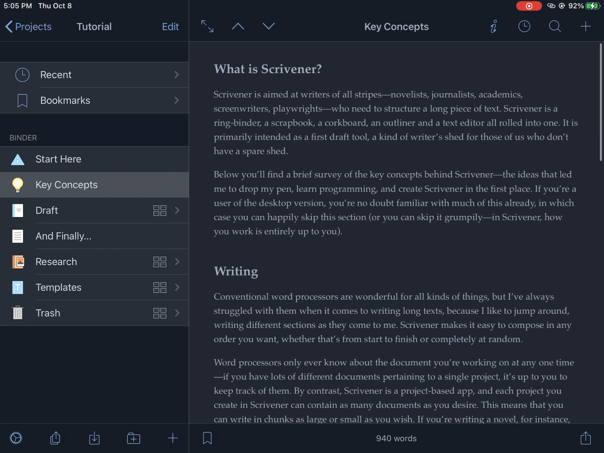 Scrivener project UI